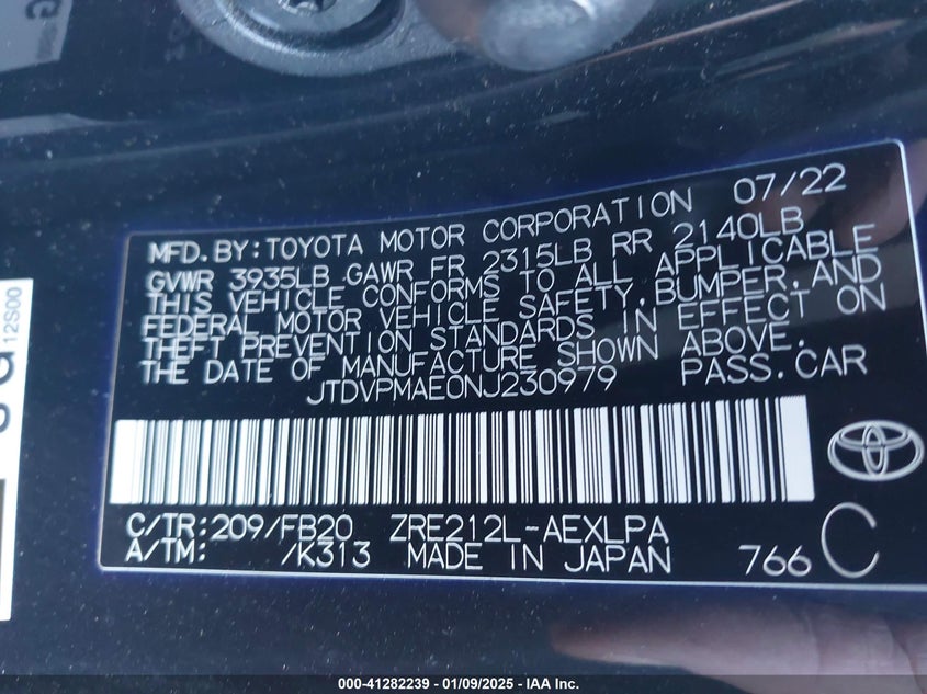 2022 TOYOTA COROLLA VIN: JTDVPMAE0NJ230979