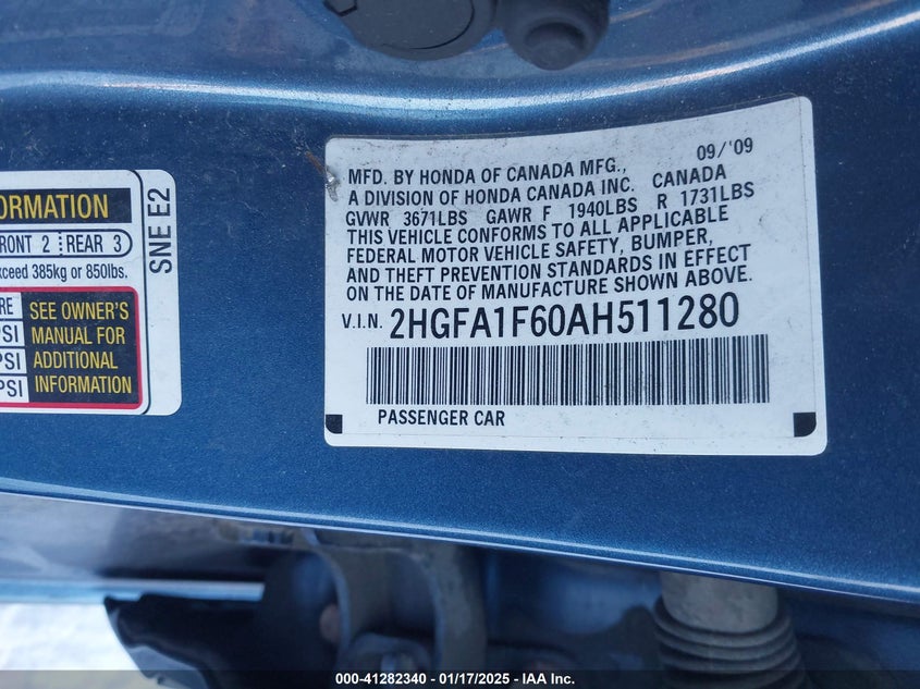 2010 HONDA CIVIC VIN: 2HGFA1F60AH511280