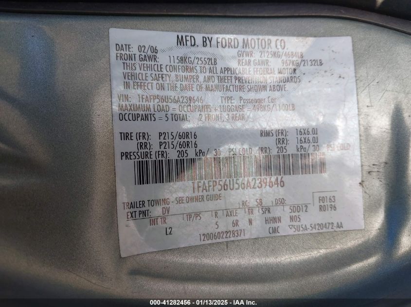 2006 Ford Taurus Sel VIN: 1FAFP56U56A239646 Lot: 41282456