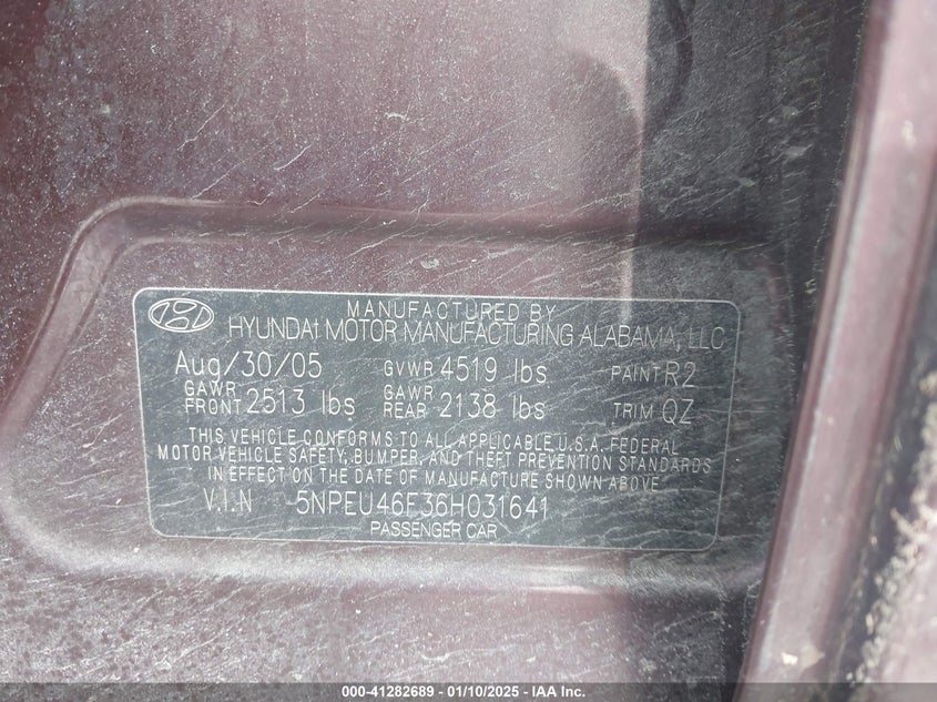 2006 HYUNDAI SONATA VIN: 5NPEU46F36H031641