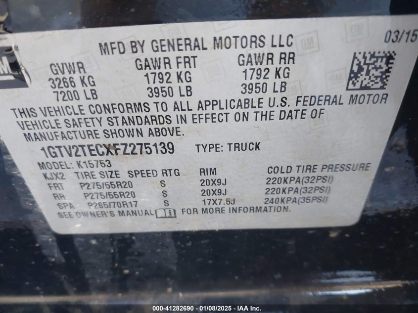 2015 GMC SIERRA 1500 VIN: 1GTV2TECXFZ275139