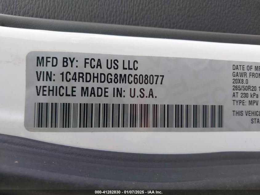 VIN 1C4RDHDG8MC608077 2021 DODGE DURANGO no.9