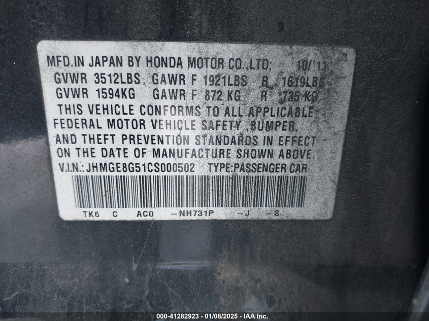 2012 HONDA FIT VIN: JHMGE8G51CS000502