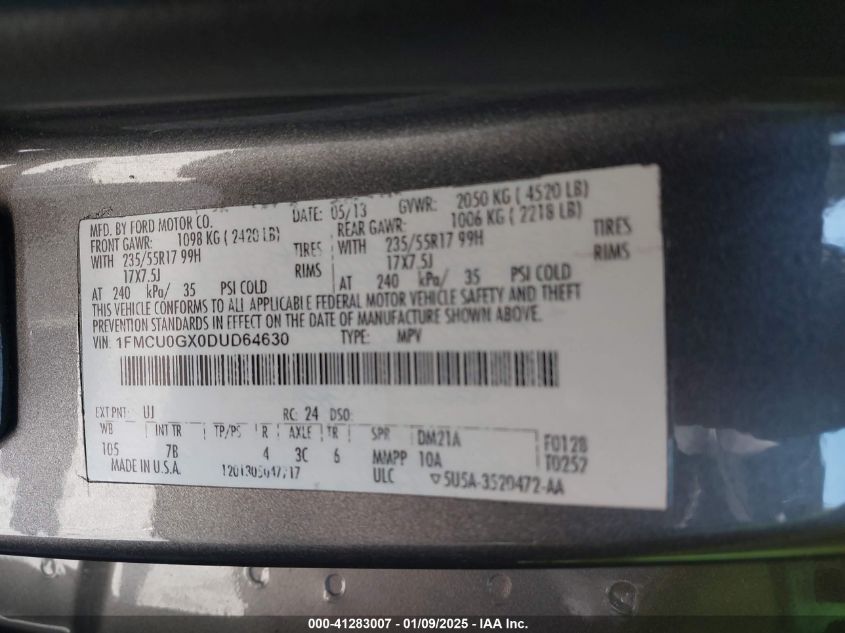 VIN 1FMCU0GX0DUD64630 2013 Ford Escape, SE no.9