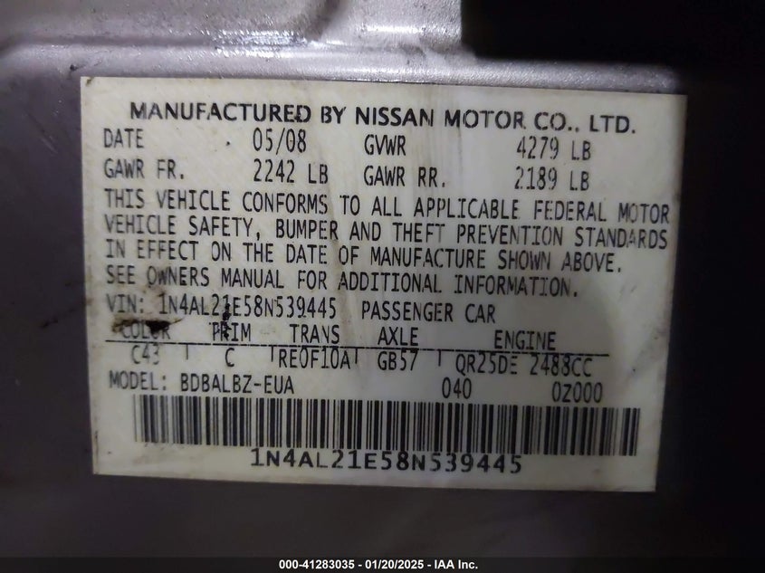 2008 NISSAN ALTIMA VIN: 1N4AL21E58N539445