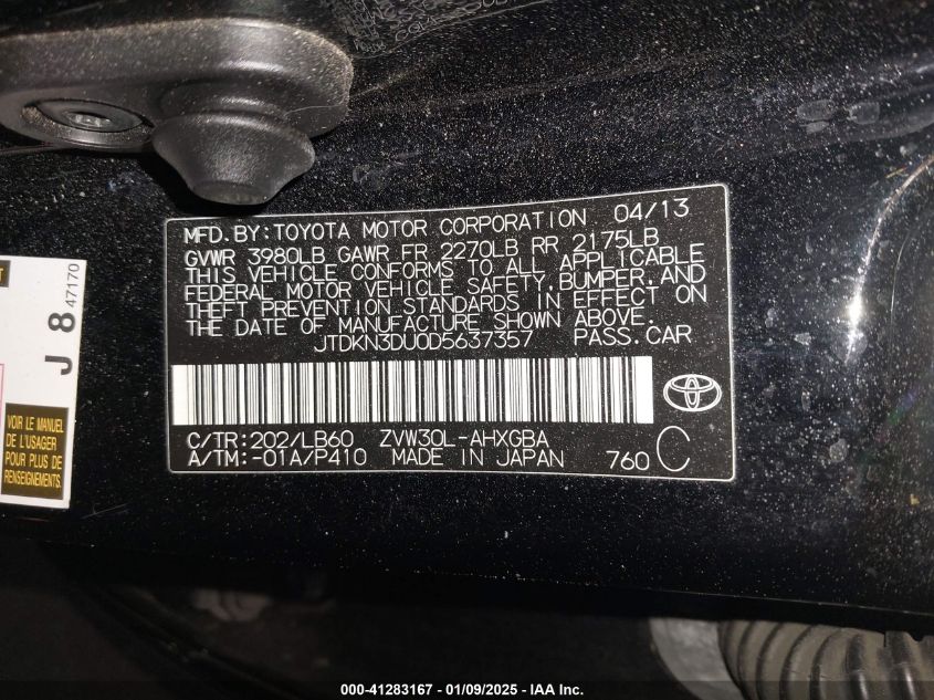 VIN JTDKN3DU0D5637357 2013 Toyota Prius no.9