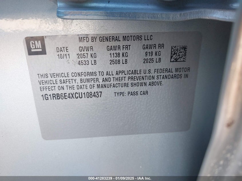 2012 CHEVROLET VOLT VIN: 1G1RB6E4XCU108437