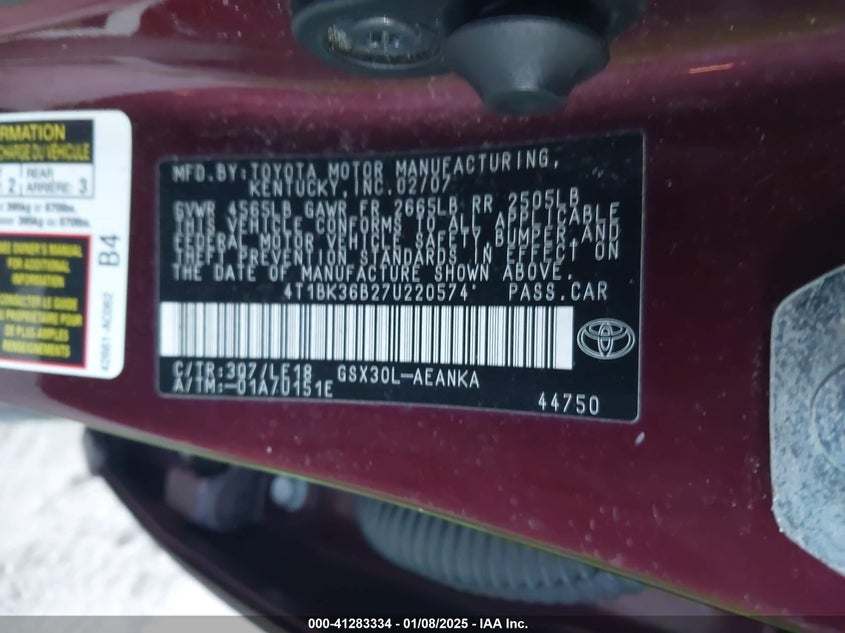 2007 TOYOTA AVALON VIN: 4T1BK36B27U220574