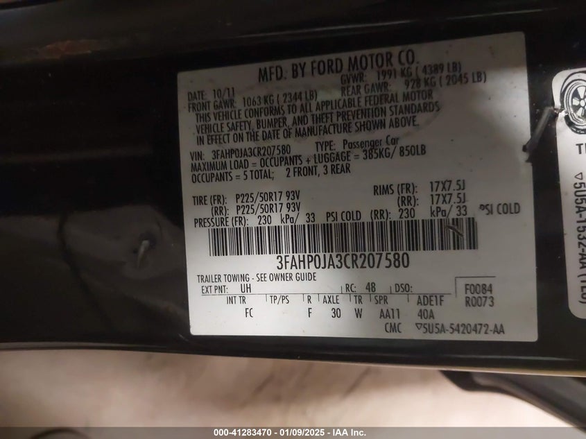 2012 FORD FUSION VIN: 3FAHP0JA3CR207580