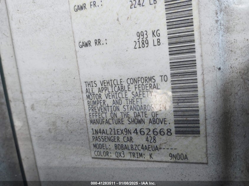 2009 NISSAN ALTIMA VIN: 1N4AL21EX9N462668