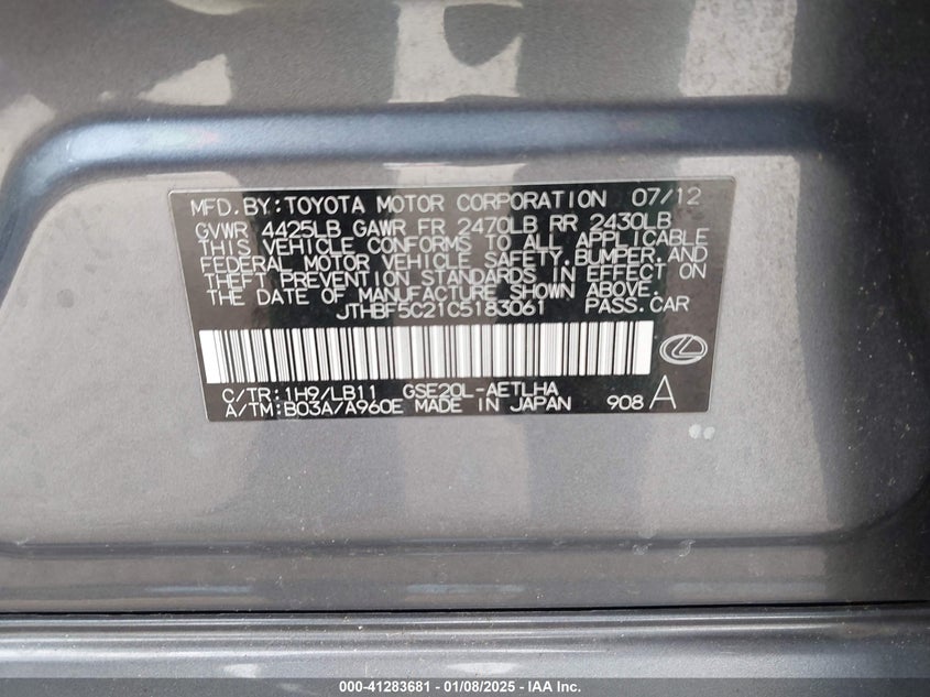 2012 LEXUS IS 250 VIN: JTHBF5C21C5183061