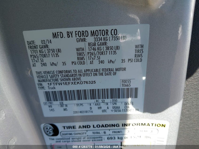 2014 FORD F-150 VIN: 1FTFW1EFXEKD76325