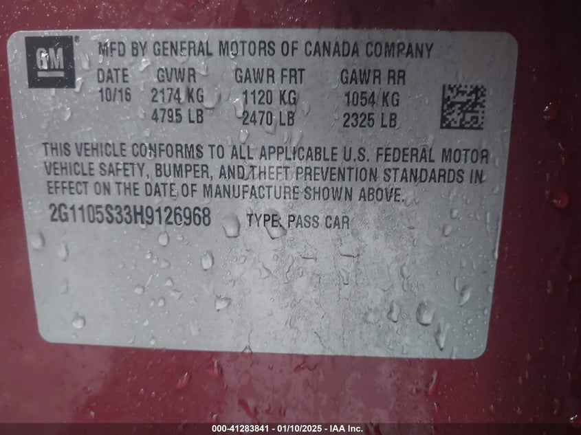 2017 CHEVROLET IMPALA VIN: 2G1105S33H9126968