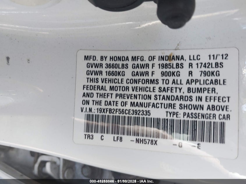 2012 HONDA CIVIC VIN: 19XFB2F56CE392335
