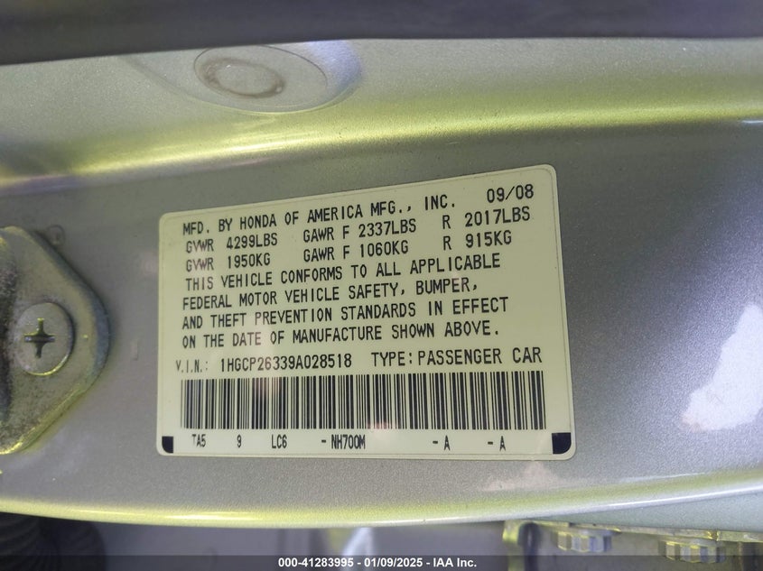 2009 HONDA ACCORD VIN: 1HGCP26339A028518