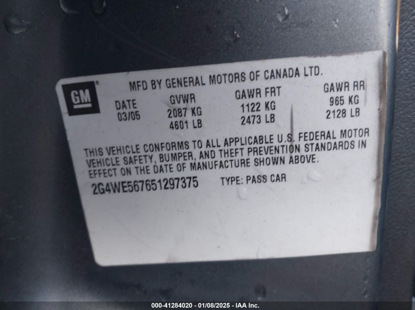 2005 Buick Lacrosse Cxs VIN: 2G4WE567651297375 Lot: 41284020