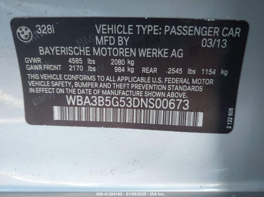 VIN WBA3B5G53DNS00673 2013 BMW 3 Series, 328I Xdrive no.9