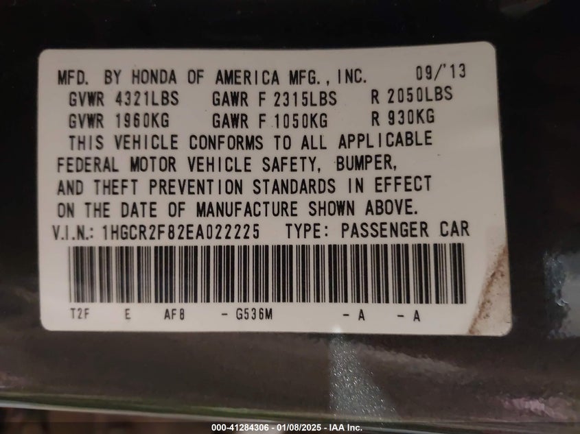 2014 HONDA ACCORD VIN: 1HGCR2F82EA022225