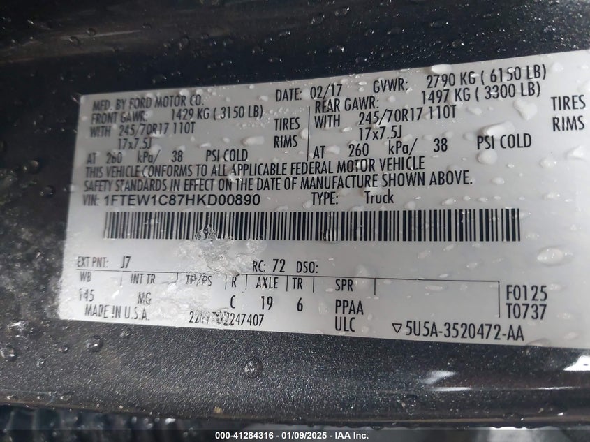 2017 FORD F150 VIN: 1FTEW1C87HKD00890