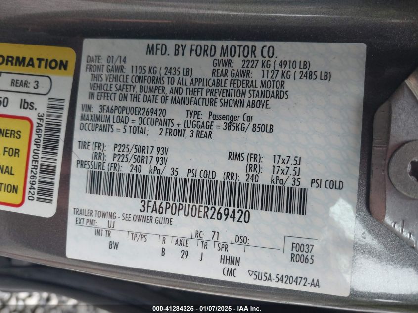 VIN 3FA6P0PU0ER269420 2014 Ford Fusion, Energi Se L... no.9