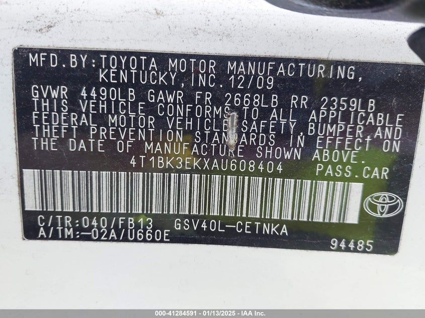 2010 TOYOTA CAMRY VIN: 4T1BK3EKXAU608404