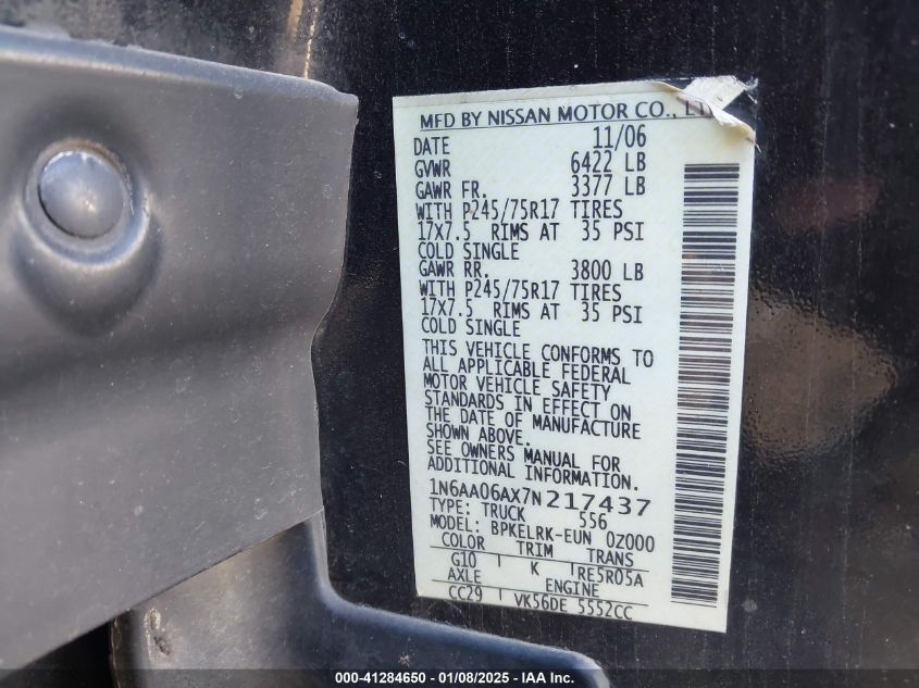 2007 NISSAN TITAN VIN: 1N6AA06AX7N217437
