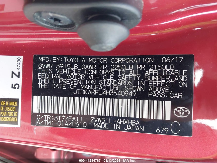 2017 TOYOTA PRIUS VIN: JTDKARFU4H3540949