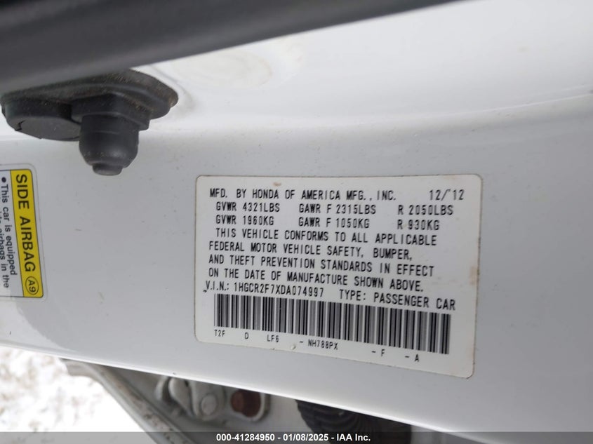 2013 HONDA ACCORD VIN: 1HGCR2F7XDA074997