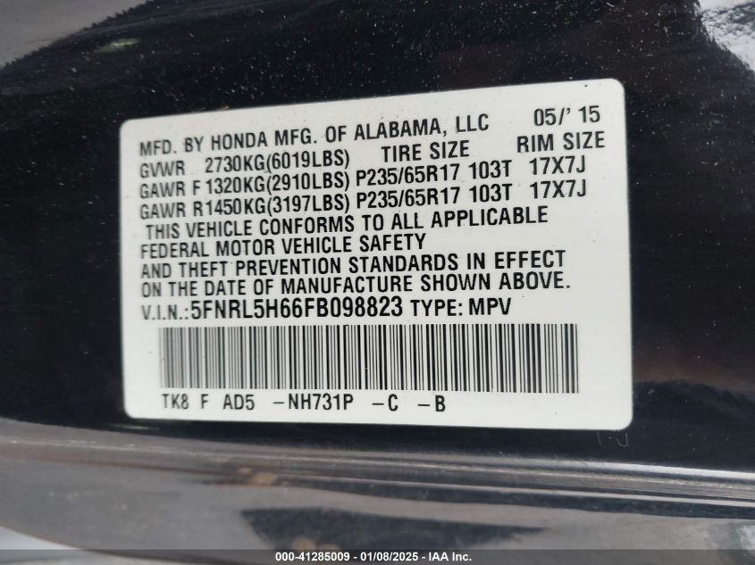 VIN 5FNRL5H66FB098823 2015 HONDA ODYSSEY no.9