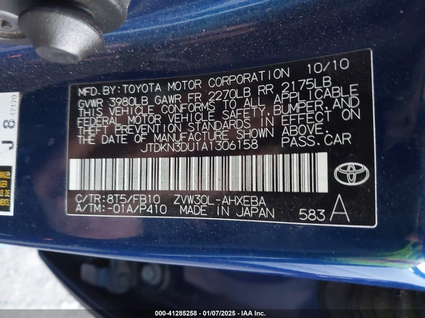 2010 TOYOTA PRIUS VIN: JTDKN3DU1A1306158