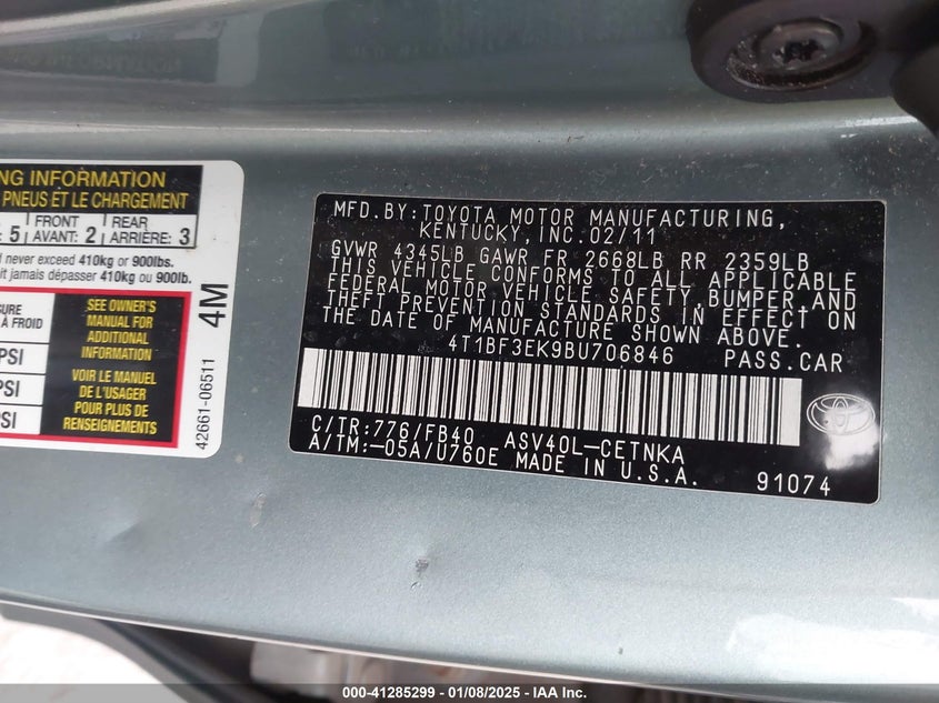 2011 TOYOTA CAMRY VIN: 4T1BF3EK9BU706846