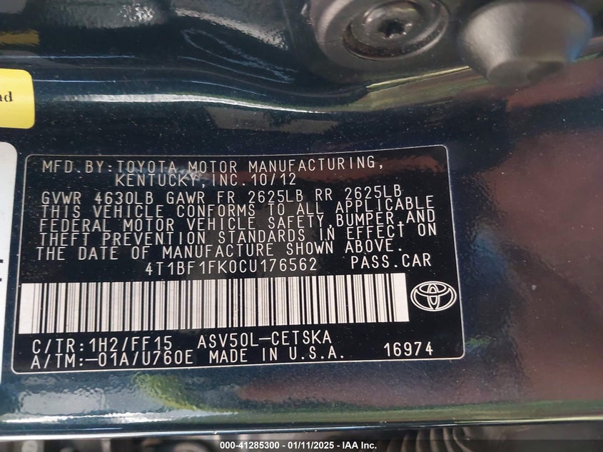 2012 TOYOTA CAMRY VIN: 4T1BF1FK0CU176562