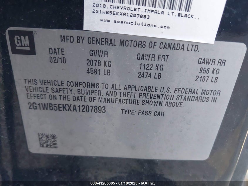 2010 CHEVROLET IMPALA VIN: 2G1WB5EKXA1207893
