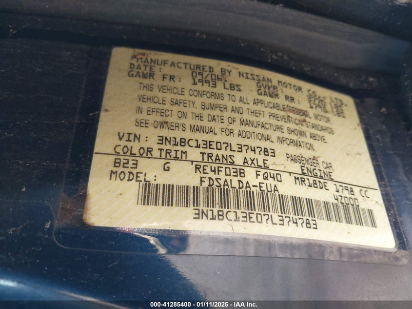 2007 NISSAN VERSA VIN: 3N1BC13E07L374783