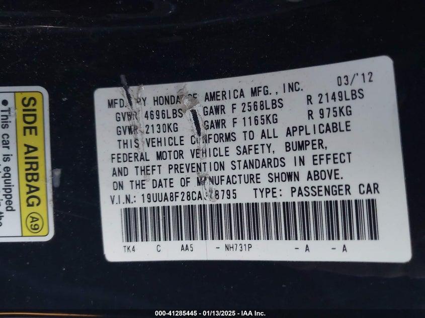2012 ACURA TL VIN: 19UUA8F28CA028795