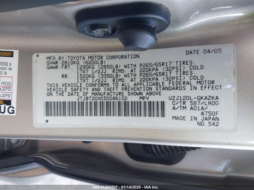 2005 Lexus Gx 470 VIN: JTJBT20X050086102 Lot: 41285507