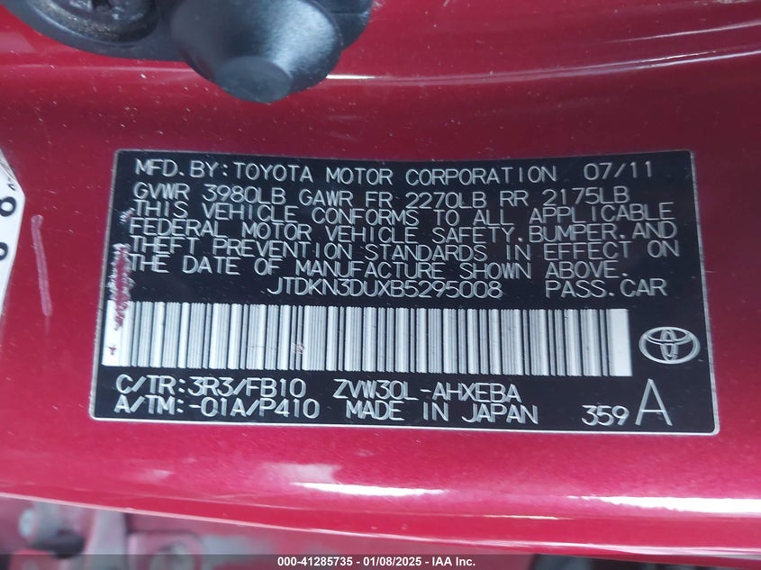 2011 TOYOTA PRIUS VIN: JTDKN3DUXB5295008