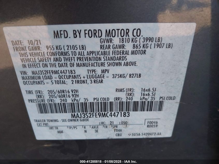 2021 Ford Ecosport S VIN: MAJ3S2FE9MC447183 Lot: 41285818