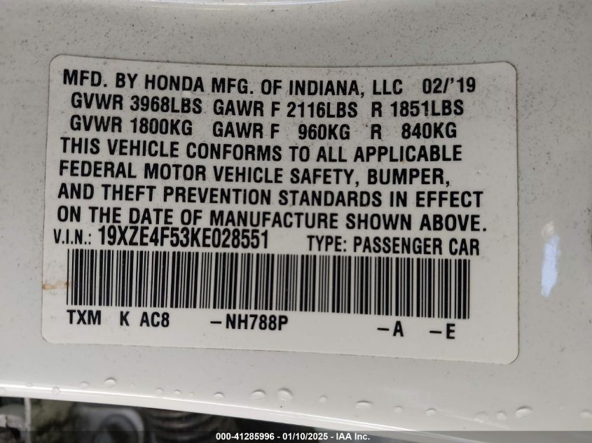 VIN 19XZE4F53KE028551 2019 Honda Insight, EX no.9