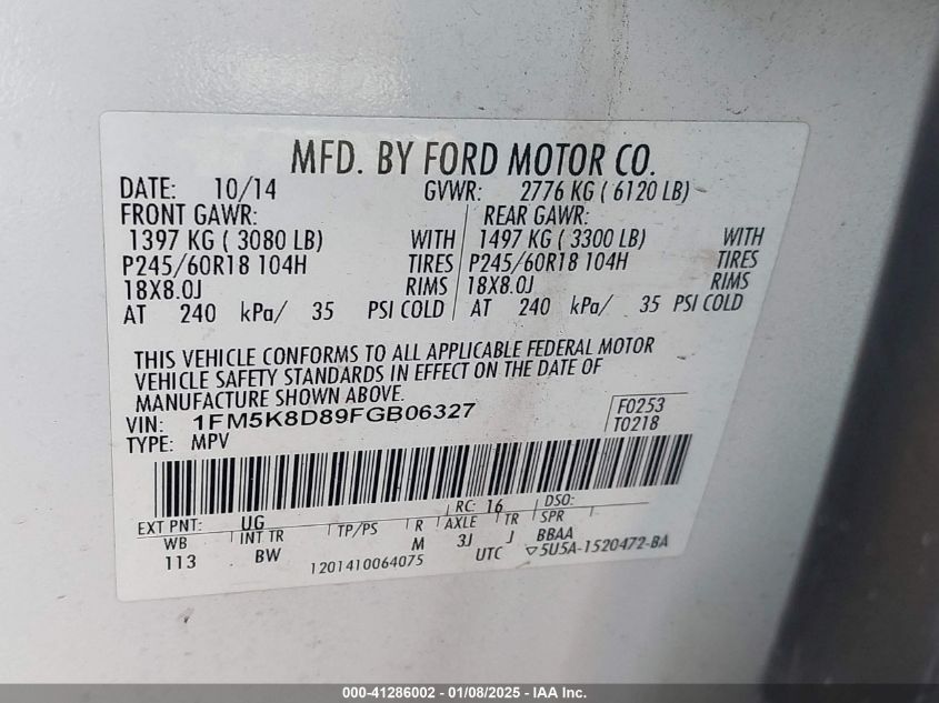 VIN 1FM5K8D89FGB06327 2015 FORD EXPLORER no.9