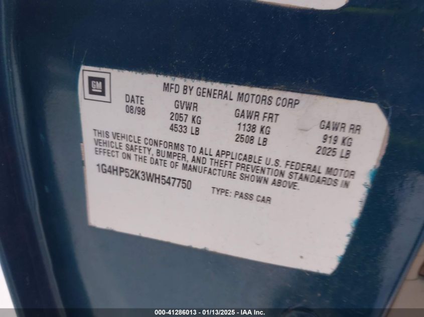 1998 Buick Lesabre Custom VIN: 1G4FP52K8VH412360 Lot: 41286013