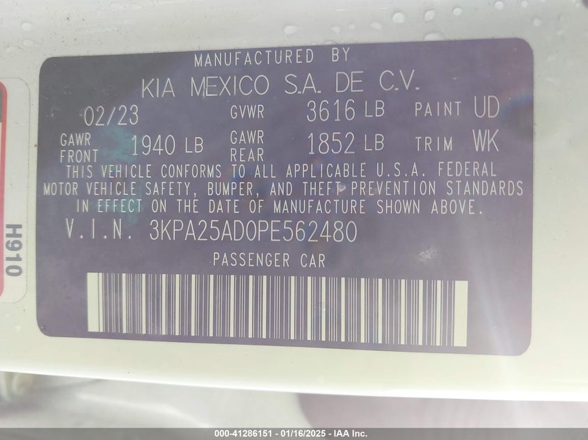 2023 KIA RIO 5-DOOR VIN: 3KPA25AD0PE562480