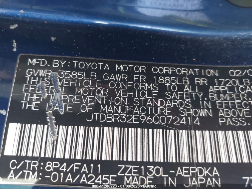 2006 Toyota Corolla Ce VIN: JTDBR32E960072414 Lot: 41286223