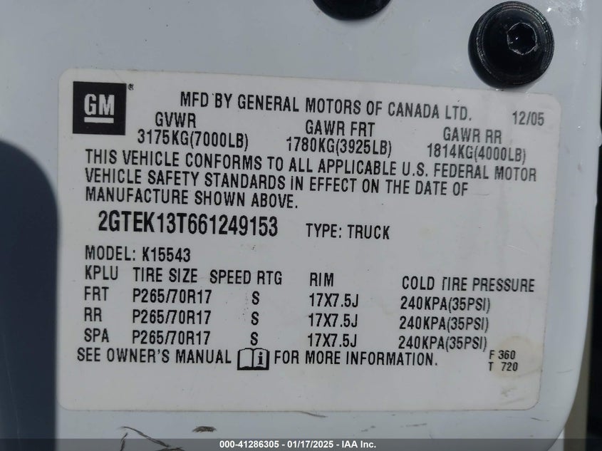 2006 GMC SIERRA 1500 VIN: 2GTEK13T661249153