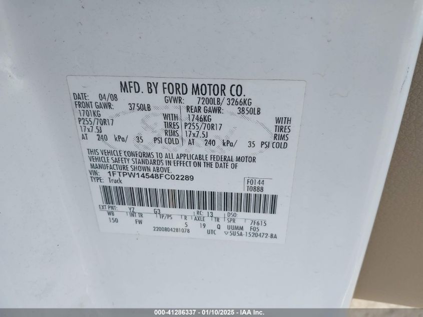 2008 Ford F-150 Stx/Xl/Xlt VIN: 1FTRF12238KE41583 Lot: 41286337