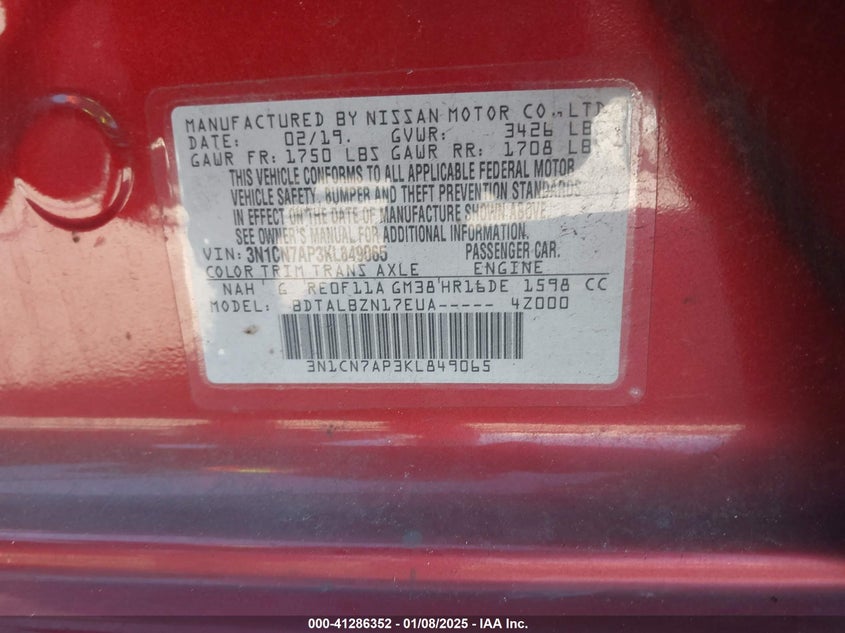 2019 NISSAN VERSA 1.6 SV - 3N1CN7AP3KL849065