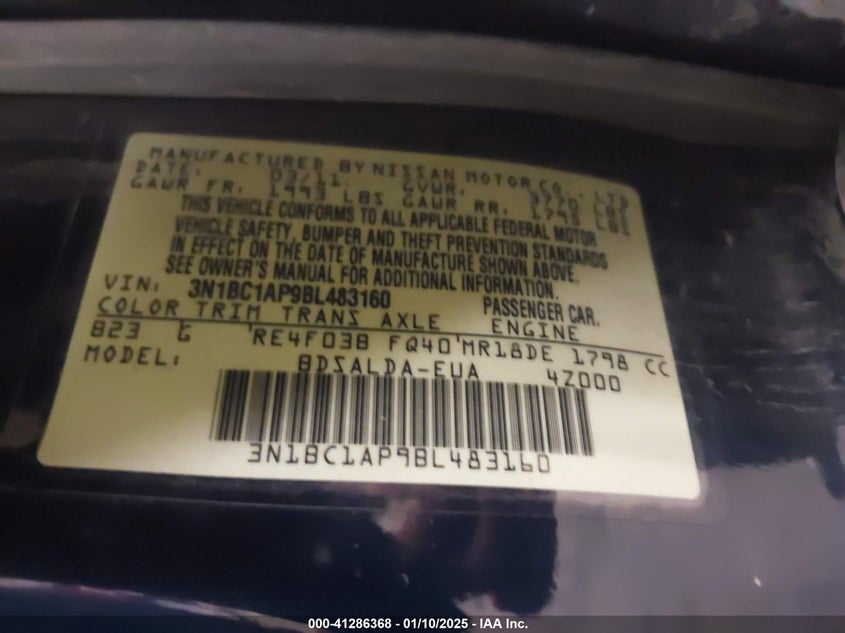 2011 NISSAN VERSA VIN: 3N1BC1AP9BL483160