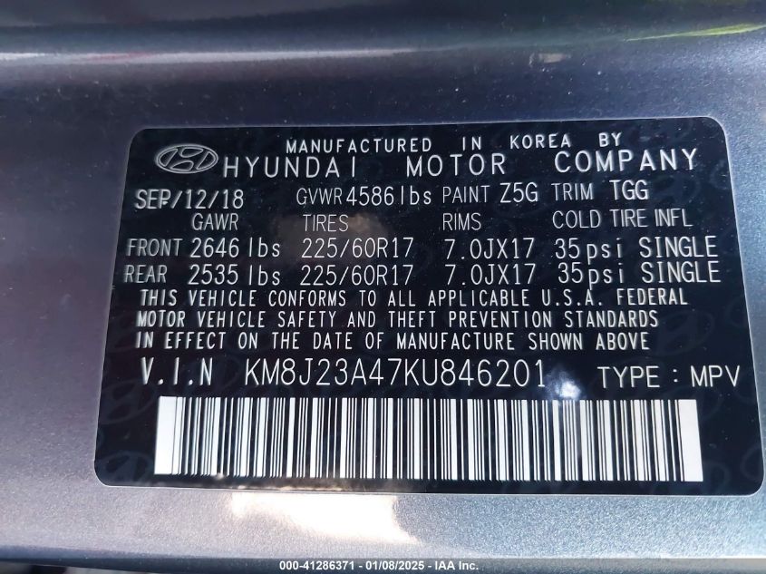 VIN KM8J23A47KU846201 2019 Hyundai Tucson, SE no.9