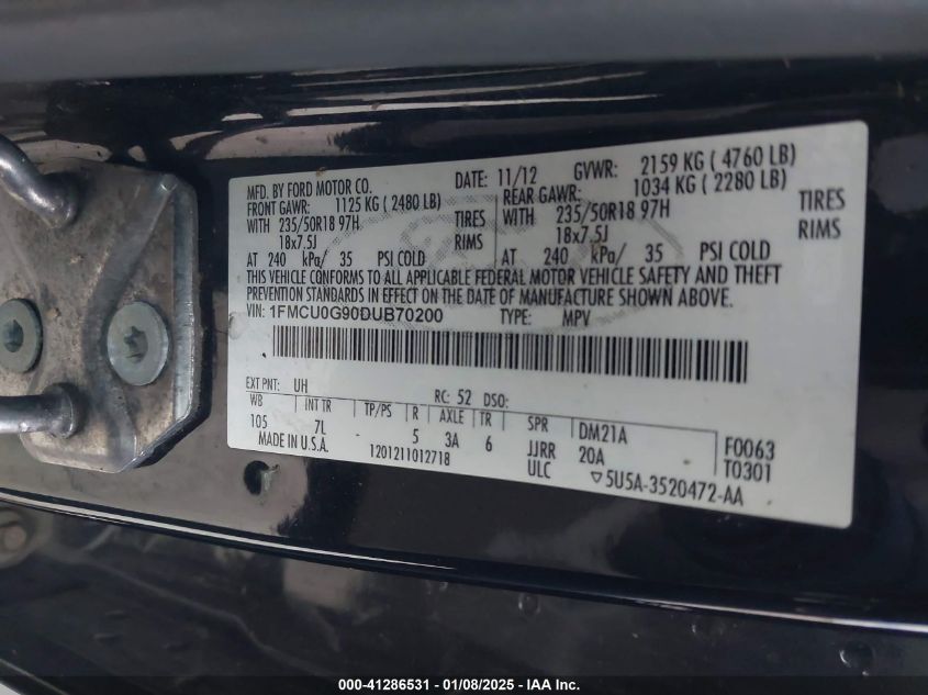 VIN 1FMCU0G90DUB70200 2013 FORD ESCAPE no.9