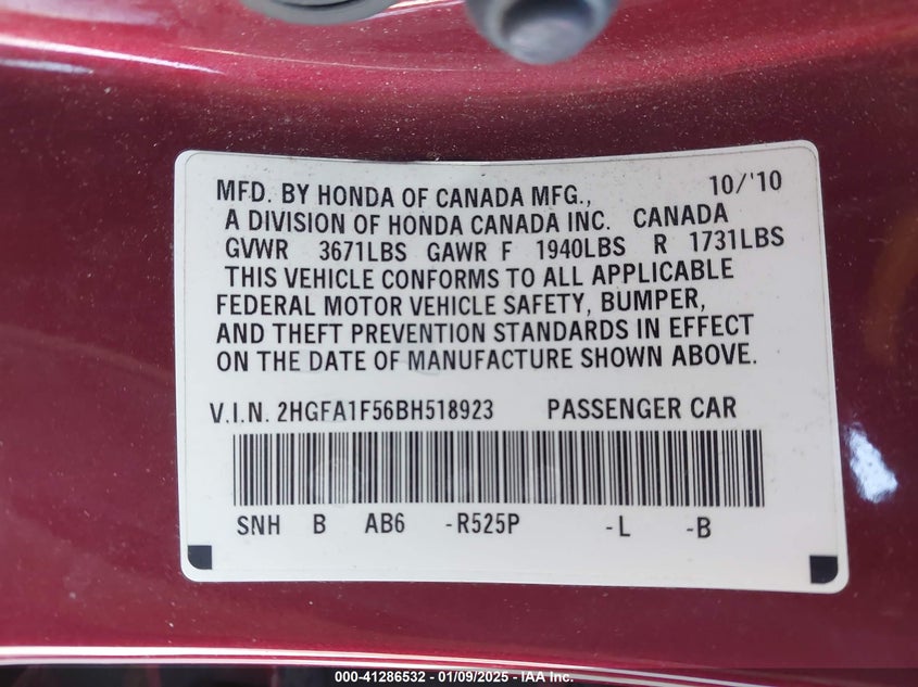 2011 HONDA CIVIC VIN: 2HGFA1F56BH518923